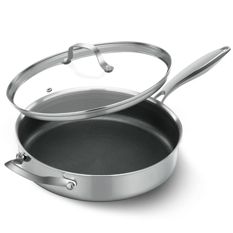 ATSENT Hybrid Non-Stick Frying Pan with Lid, 11" Stainless Steel Skillet, Induction & All Cooktops Compatible, Dishwasher & Oven Safe, Non-Toxic Aluminium Cookware