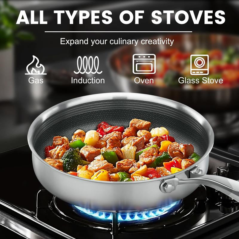 ATSENT Hybrid Non-Stick Frying Pan with Lid, 11" Stainless Steel Skillet, Induction & All Cooktops Compatible, Dishwasher & Oven Safe, Non-Toxic Aluminium Cookware