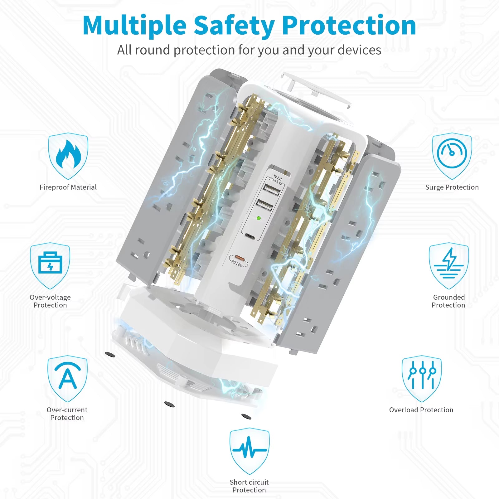 US 4-Layer 3M Extension Tower Plug-In Board with PD Fast Charging, Suitable for Office, Home, School and Other Scenarios