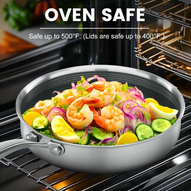 ATSENT Hybrid Non-Stick Frying Pan with Lid, 11" Stainless Steel Skillet, Induction & All Cooktops Compatible, Dishwasher & Oven Safe, Non-Toxic Aluminium Cookware