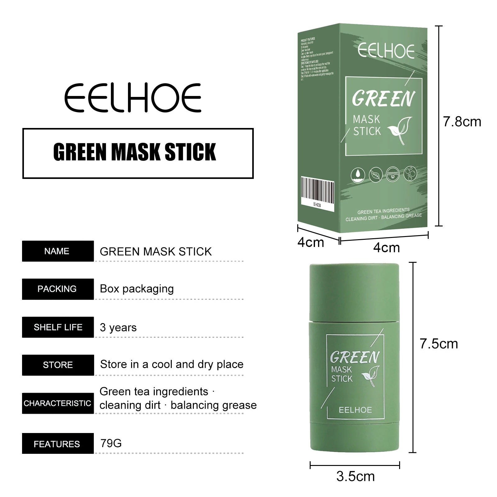 EELHOE Green Tea Mask Stick Refreshing Oil Control Shrink Pores Green Tea Clean Clean Up Blackheads Reproduce The Skin's Pure
