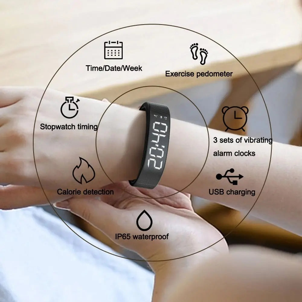 LED Digital Alarm Clock Watch Adjustable Snooze-proof Alarm Bracelet with Running Pedometer Waterproof Vibrating Alarm