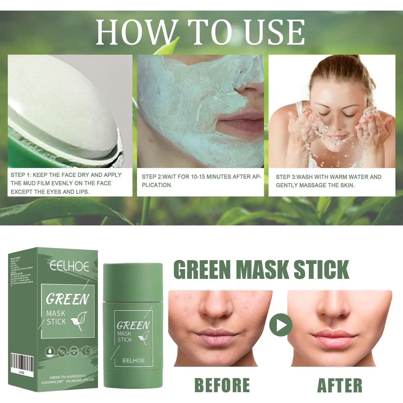 EELHOE Green Tea Mask Stick Refreshing Oil Control Shrink Pores Green Tea Clean Clean Up Blackheads Reproduce The Skin's Pure