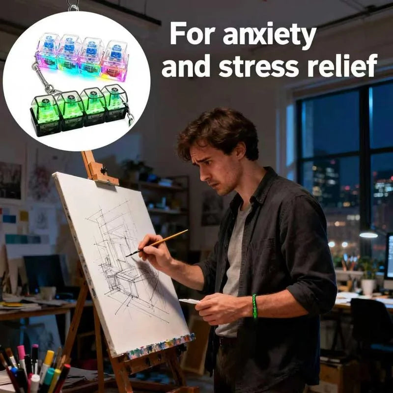 Glowing Keyboard Stress Relief Toy, Keychain, 4-in-1 Stress Relief Button Keychain, Stress-Relieving Fingertip Clicker, Transparent Color, Car Keychain