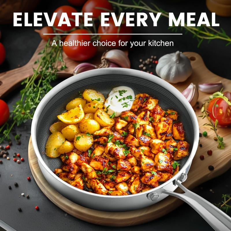 ATSENT Hybrid Non-Stick Frying Pan with Lid, 11" Stainless Steel Skillet, Induction & All Cooktops Compatible, Dishwasher & Oven Safe, Non-Toxic Aluminium Cookware