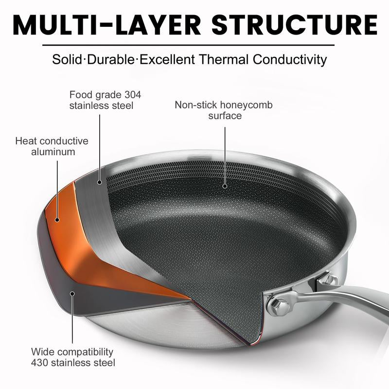 ATSENT Hybrid Non-Stick Frying Pan with Lid, 11" Stainless Steel Skillet, Induction & All Cooktops Compatible, Dishwasher & Oven Safe, Non-Toxic Aluminium Cookware